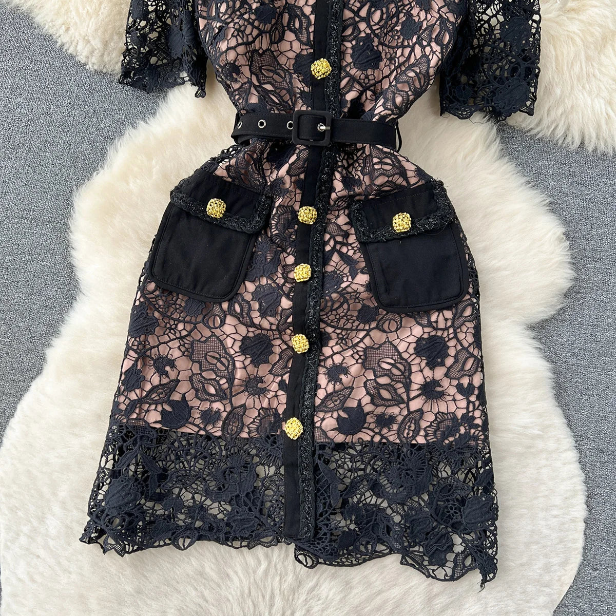 Luxury Wedding Elegant Party Dresses Women Golden Button Openwork Lace Dress Square Neck Short Sleeve Black Mini Dress With Belt