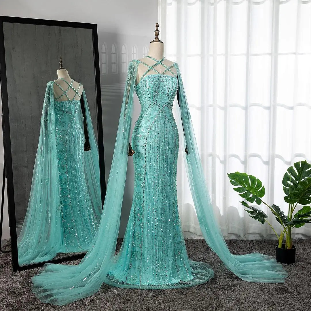 SERENE HILL Arabic Caramel Mermaid Elegant Cape Sleeves Beaded Luxury Evening Dresses 2024 Formal Gown For Women Party GLA71905A