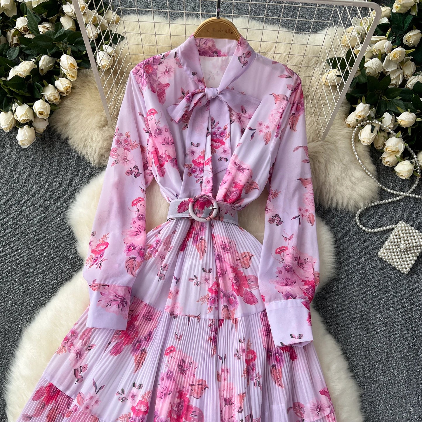 French Vintage Ruffle Lace-up Bow Puff Sleeves Long Sleeves Dress korean fashion Casual Women Fashion summer dresses