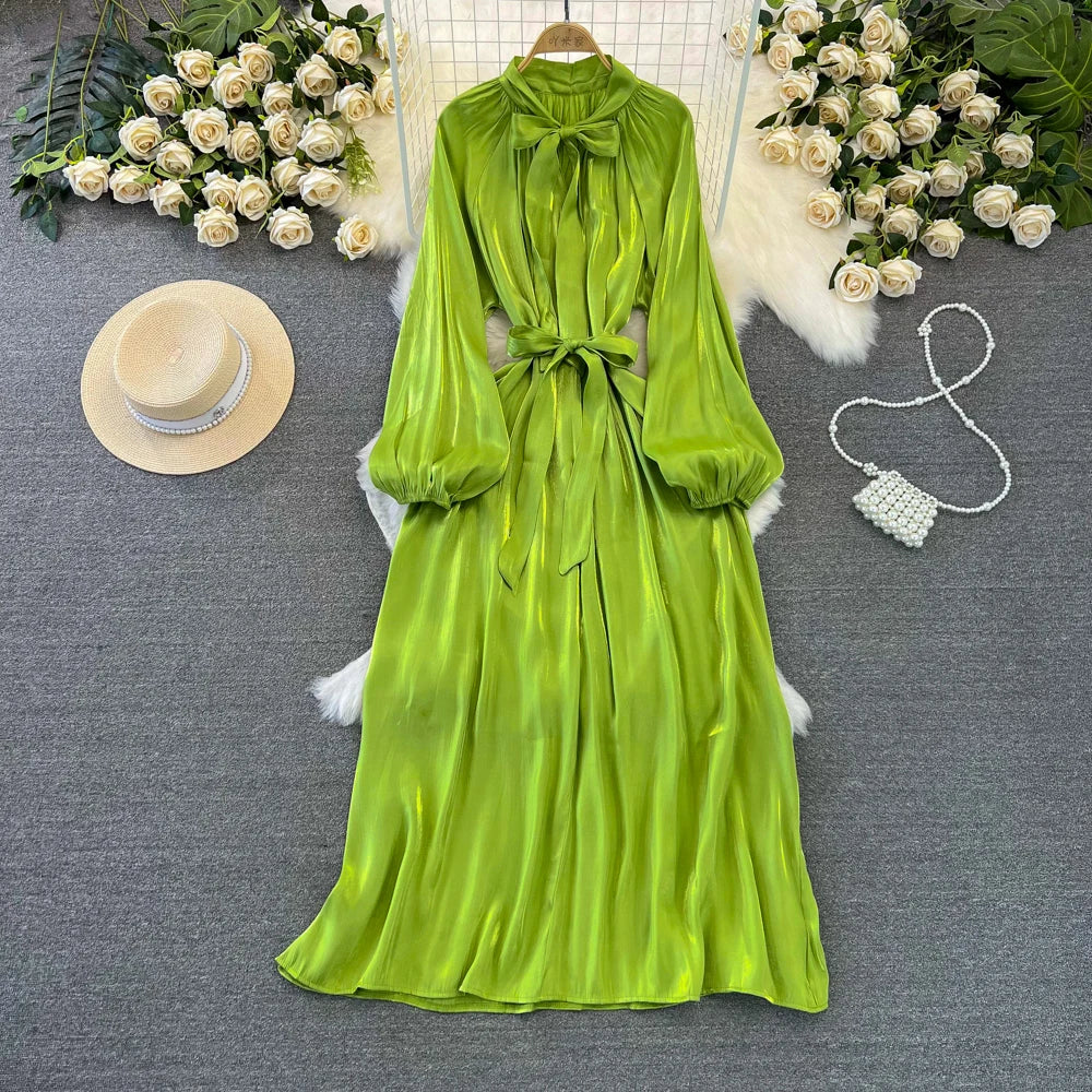 Autumn Elegant Women Fashion Party Long Dress Bow Lace Up Long Sleeve Evening Dresses A-Line Casual Vestidos One Piece Prom Robe