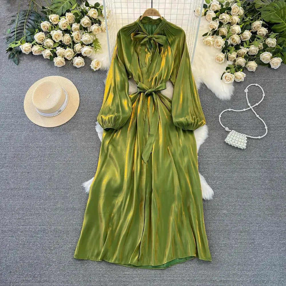 Autumn Elegant Women Fashion Party Long Dress Bow Lace Up Long Sleeve Evening Dresses A-Line Casual Vestidos One Piece Prom Robe