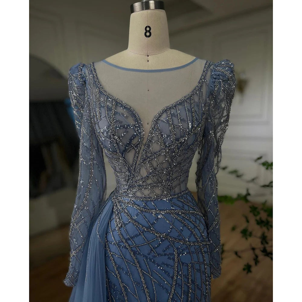 Serene Hill Muslim Gold Mermaid Beaded Luxury Dubai Evening Dresses Gowns With Overskirt 2024 For Women Party LA72206