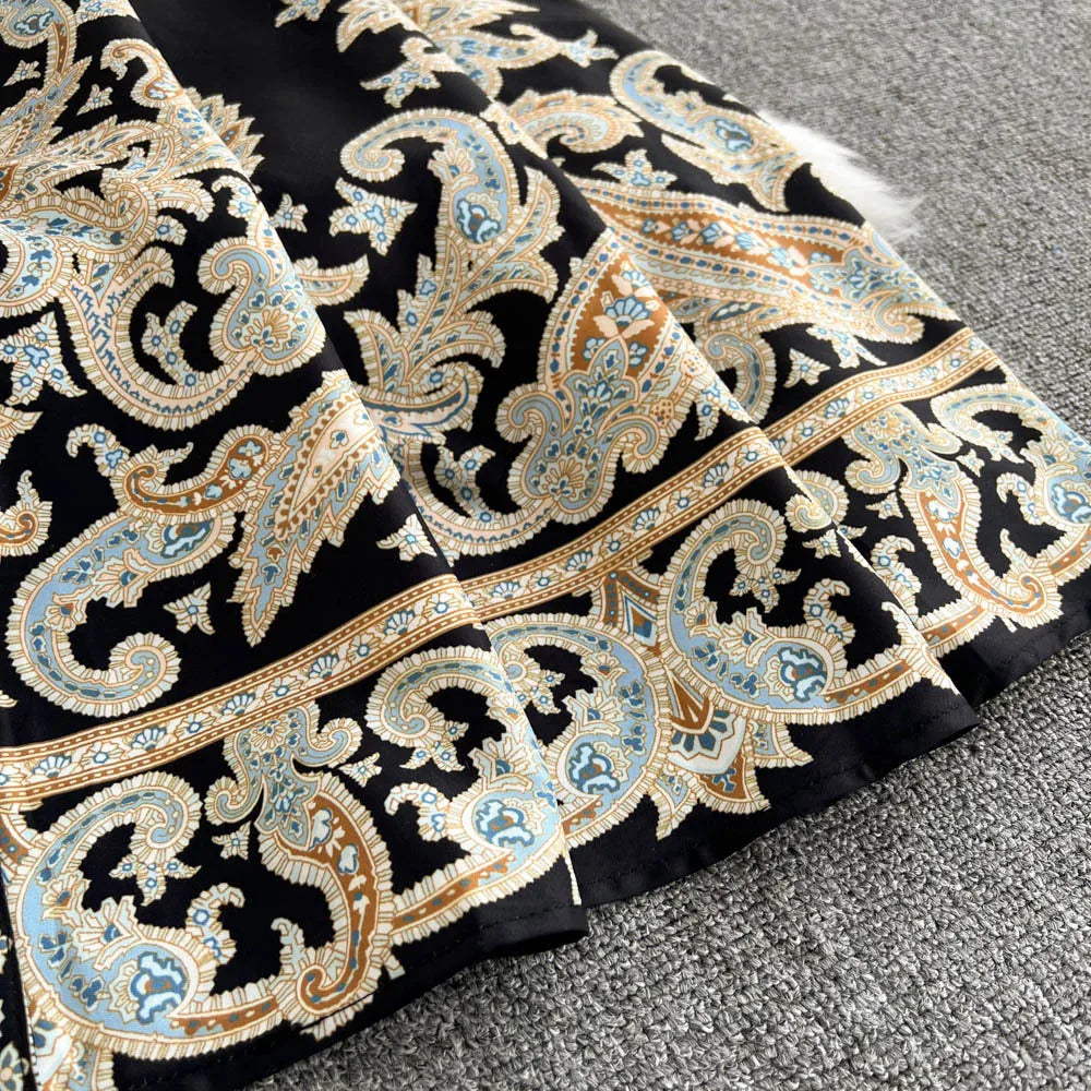 Retro Printed Party Dress Women Polo Collar Long Sleeve Elegant Long Dresses Spring Autumn French Single Breasted Shirt Dress