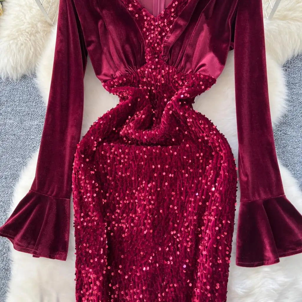 Women's Sexy Velvet Evening Gown Luxury Dresses V-Neck Flare Sleeve Split Long Dress Fashion Slim Robe Birthday Party Autumn New