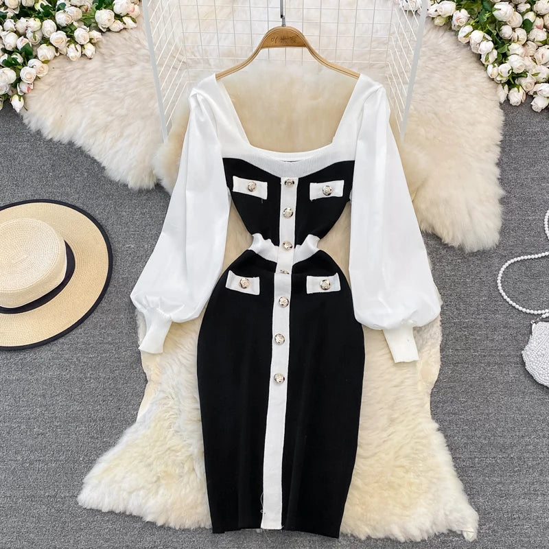 Vintage Elegant Patchwork Square Neck Long Sleeve Knit Dress Casual Women Fashion High Waist Summer Spring Hip Wrap Dress