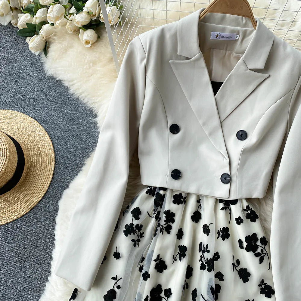 French Style Elegant Two Piece Sets Women Double Breasted Blazer Jacket + Mesh A-line Long Dress Fashion Korean Outfits