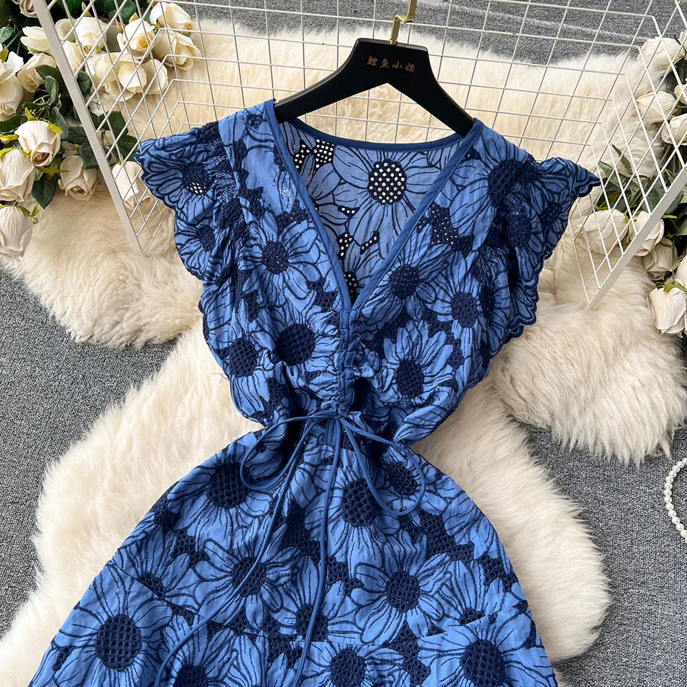 Short Dresses 2023 Women Ruffle Hem Vintage Daisy Embroidery Dress V Neck Drawstring Tie Ruffled Sleeve Vacation Summer Dress