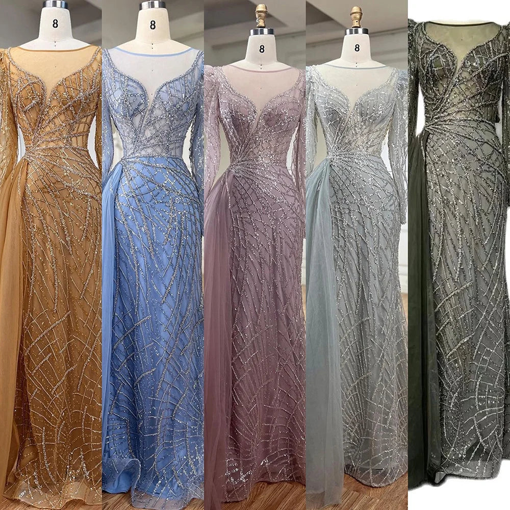 Serene Hill Muslim Gold Mermaid Beaded Luxury Dubai Evening Dresses Gowns With Overskirt 2024 For Women Party LA72206