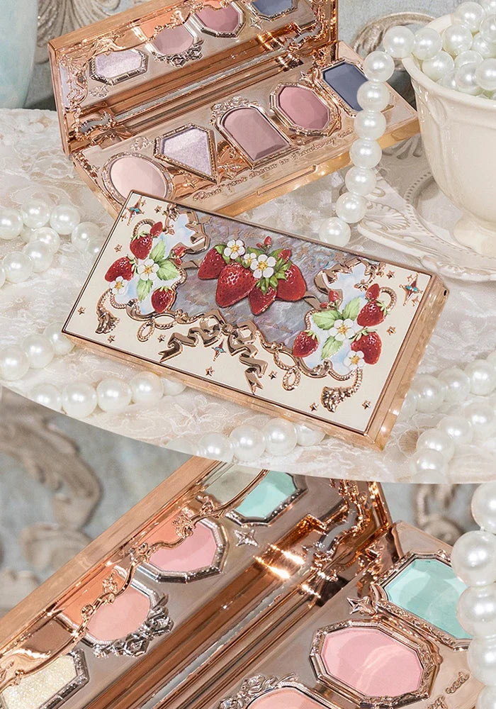 Flower Knows Strawberry Rococo Pressed Glitter Eyeshadow 5 Color Palette with Creamy Texture for Natural Makeup Eye Shadows