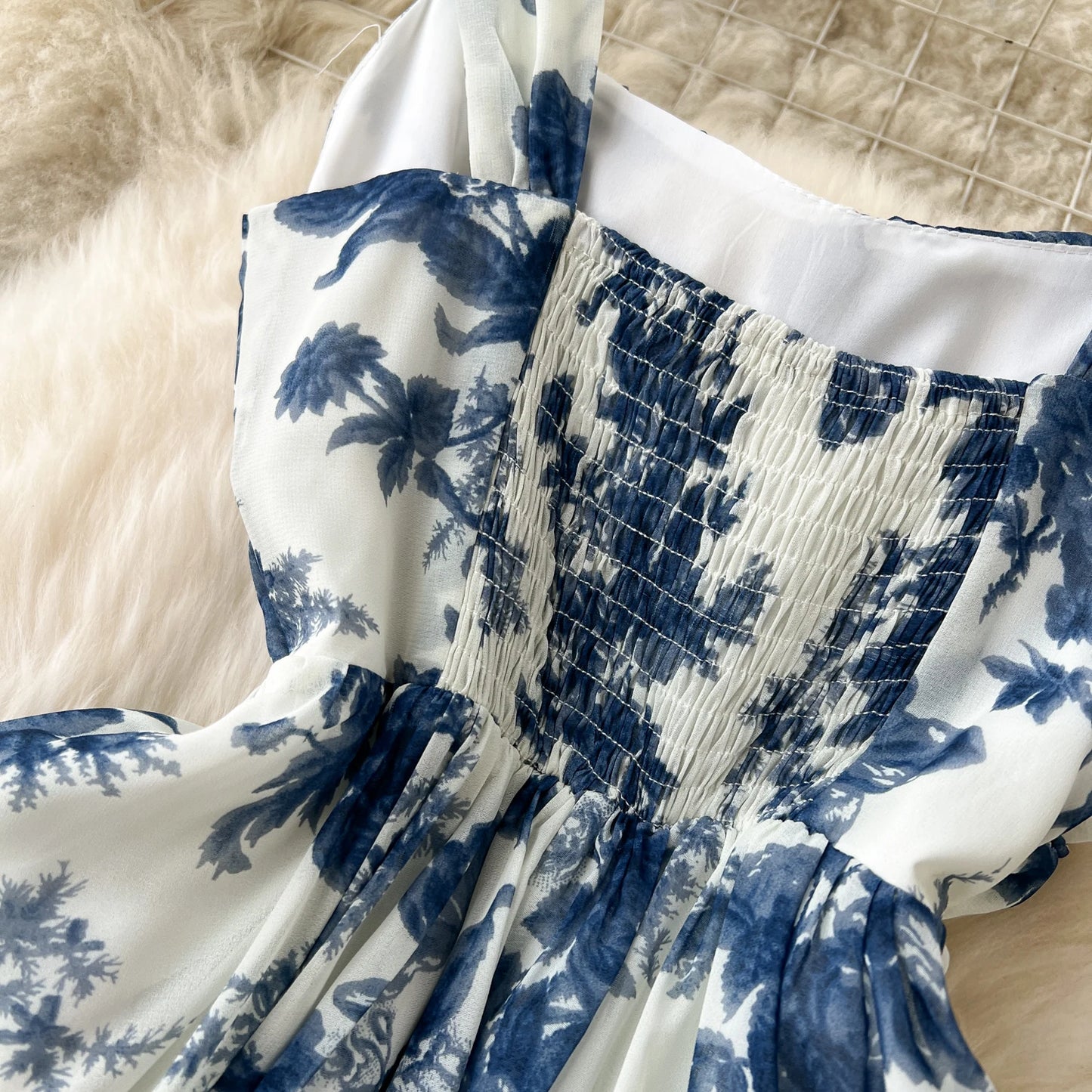 French Blue Printing Beach Long Dress Women Retro Floral Elegant Party Dresses Ladies Slim A-line Sleeveless Chiffon Long Robe