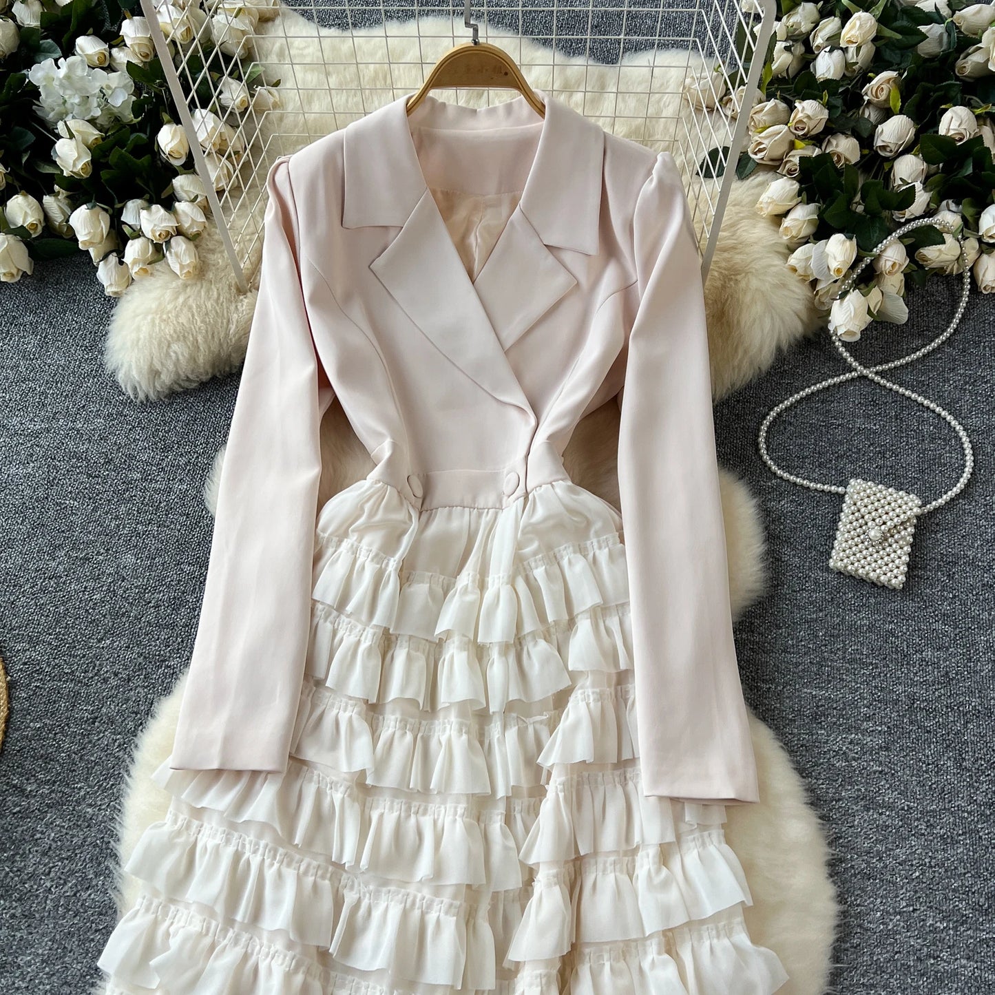 French Vintage Two Pieces Sets Notched lool sleeve mesh sweet A-line Chic PATCHWORK Women Summer dresses