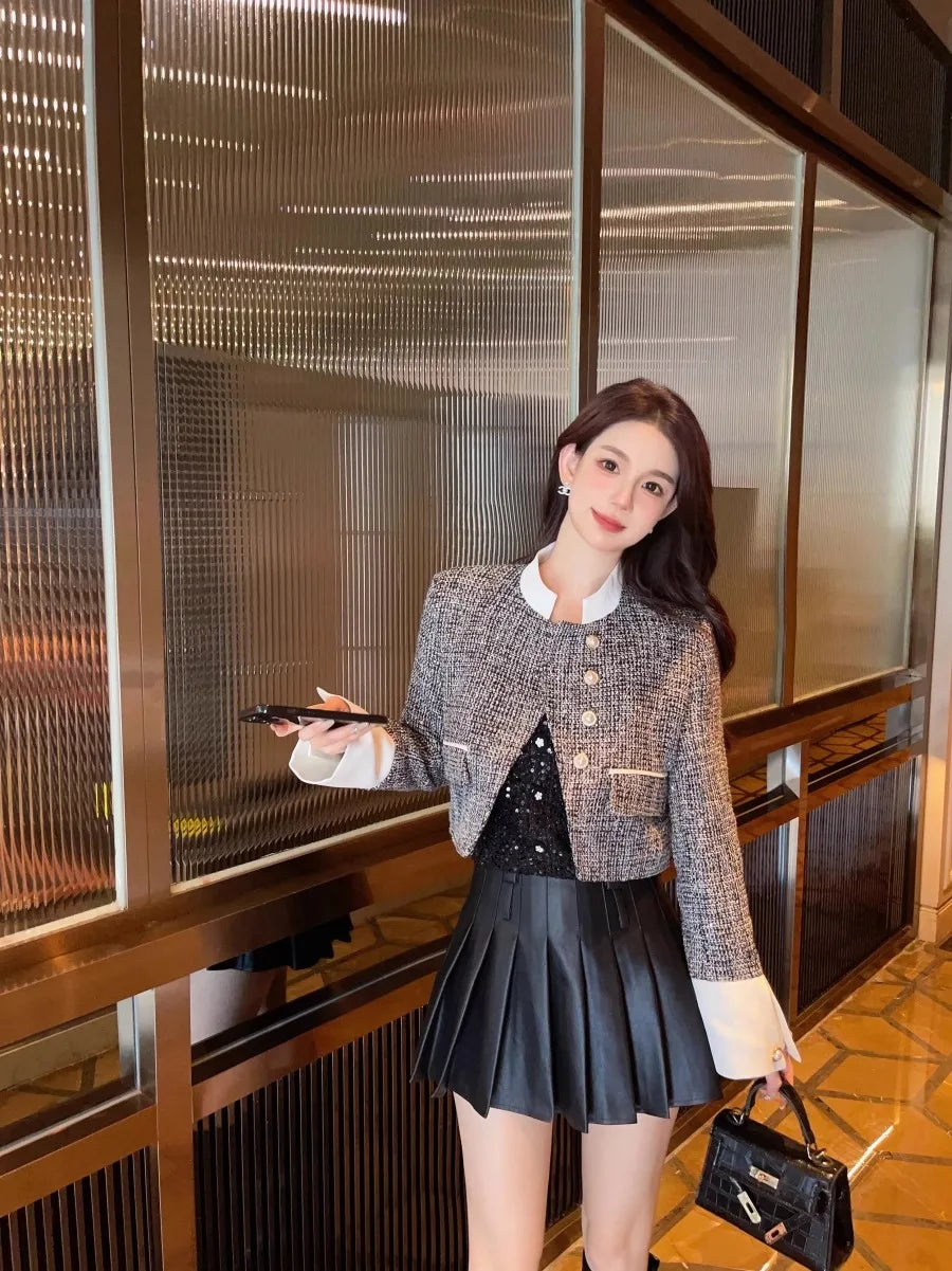 High-end Color Contrast Small Fragrance Equestrian clothing for Women Autumn New Loose and Fashionable Coarse Tweed Short Coat