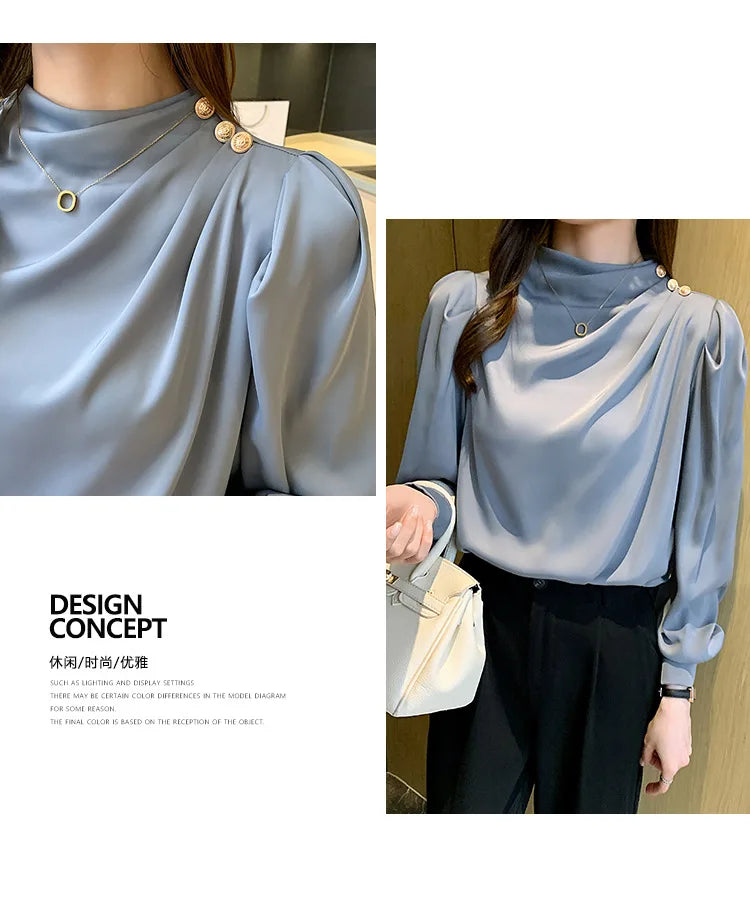 Autumn New Women's Style Stand up Collar Pleated Long Sleeve Top Fashion Lantern Sleeve Loose Elegant Solid Color Shirt Blouse