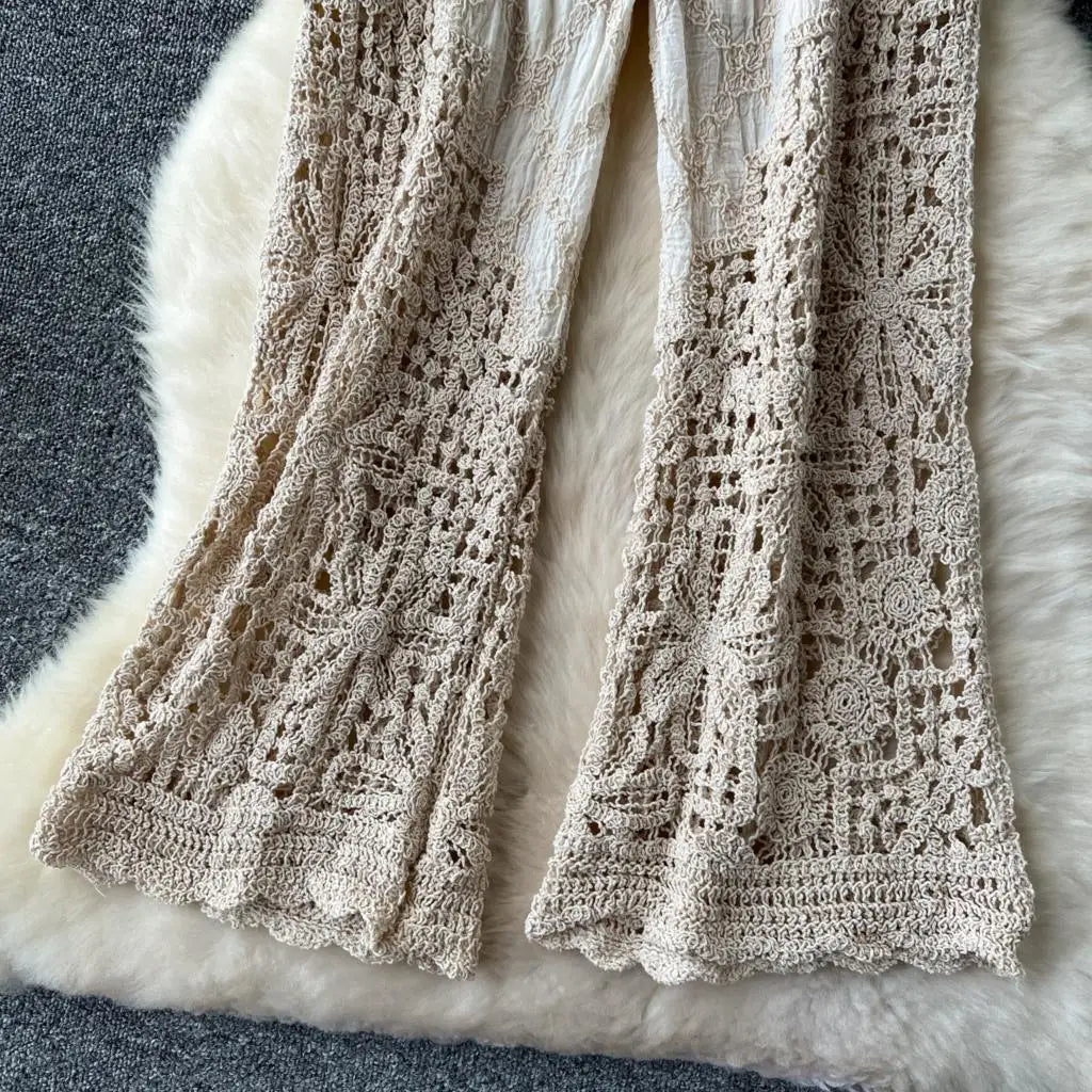 Korean Fashion Women Knitting Trousers Autumn Embroidery Splice Hollow Out High Waist Loose Casual Beach Long Wide Leg Pants New