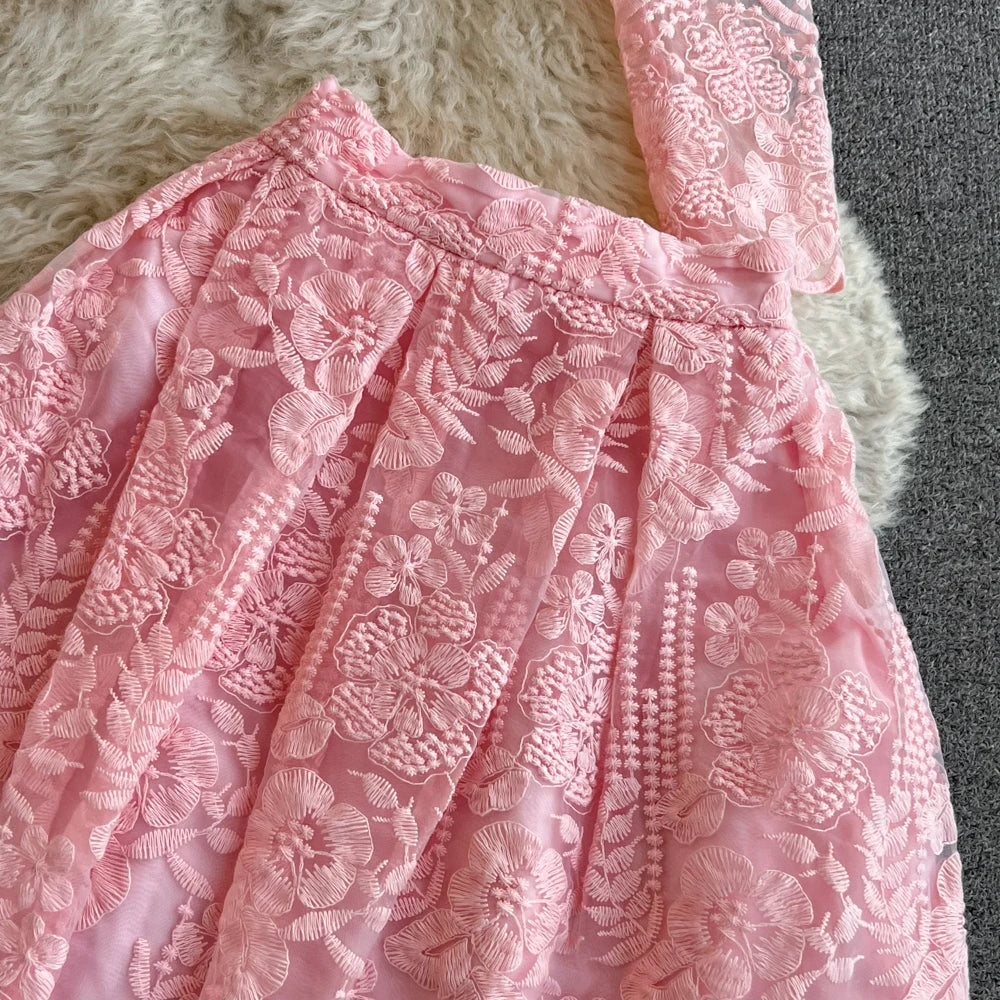 High Quality Floral Embroidery Two Piece Sets Women Suits Elegant OL Long Sleeve Shirt Mid Skirts 2 Piece Outfits Female