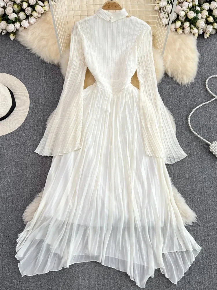Autumn Solid Pleated Long Dresses for Women Halter V-Neck Flare Sleeve Wedding Party Dress Korean Fashion One Piece Vestidos New