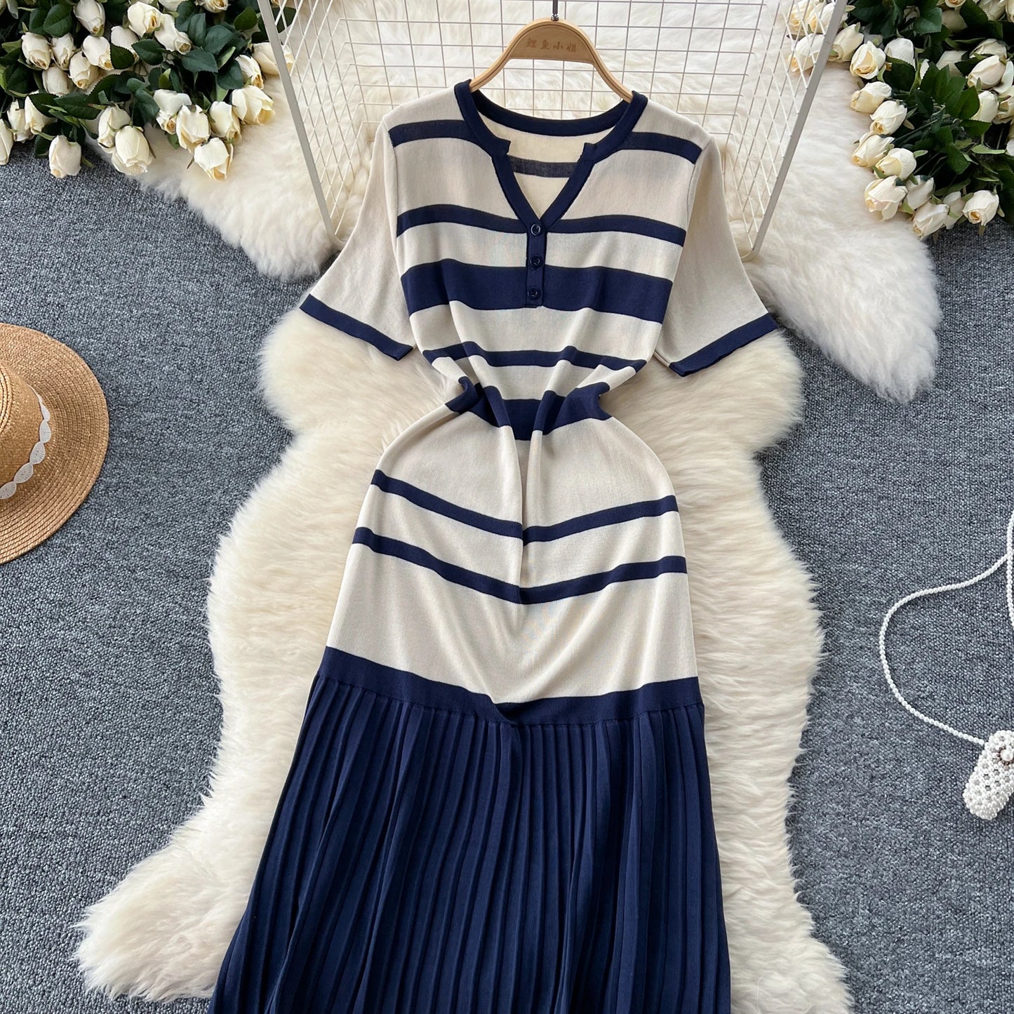 Sexy Chic short sleeve PATCHWORK v-Neck Striped Knit Dress Elegant Fashion Party Slim Summer A-line sweet dresses