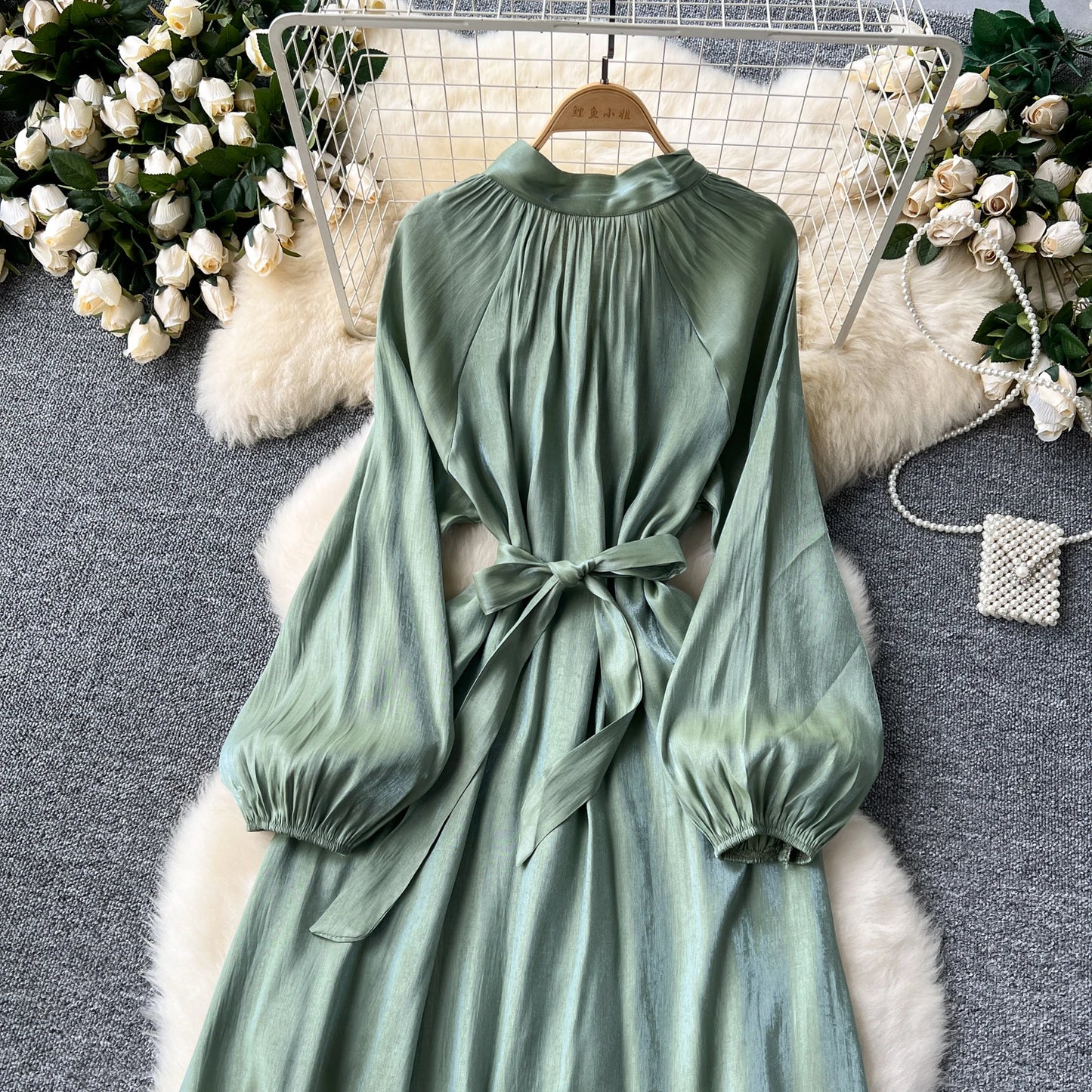 French Vintage Pleated lool sleeve print Lace-up Bow sweet Dress Casual Women Fashion summer dresses