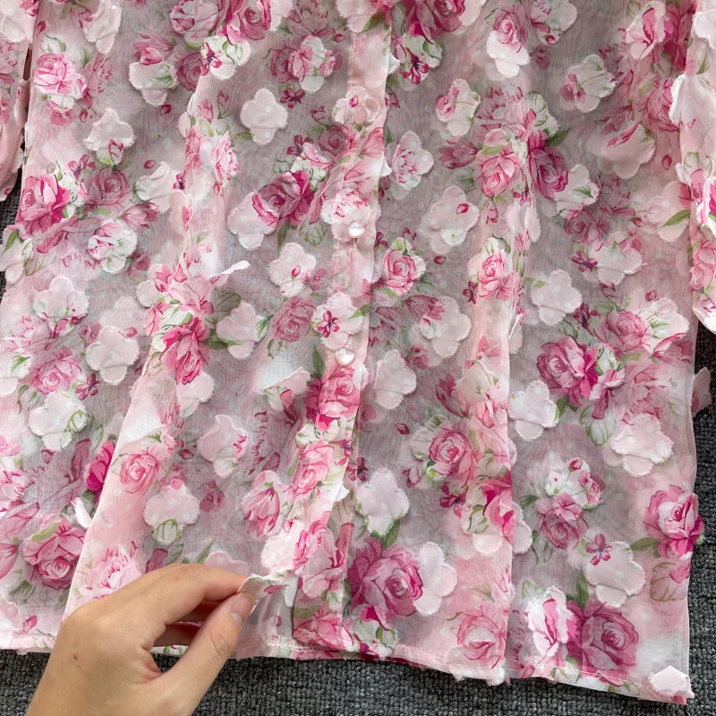 Clothland Sweet Appliqued Floral Blouse Suit Two Piece Pink Set Long Sleeve Shirts Mini Shorts Spring Set TZ228