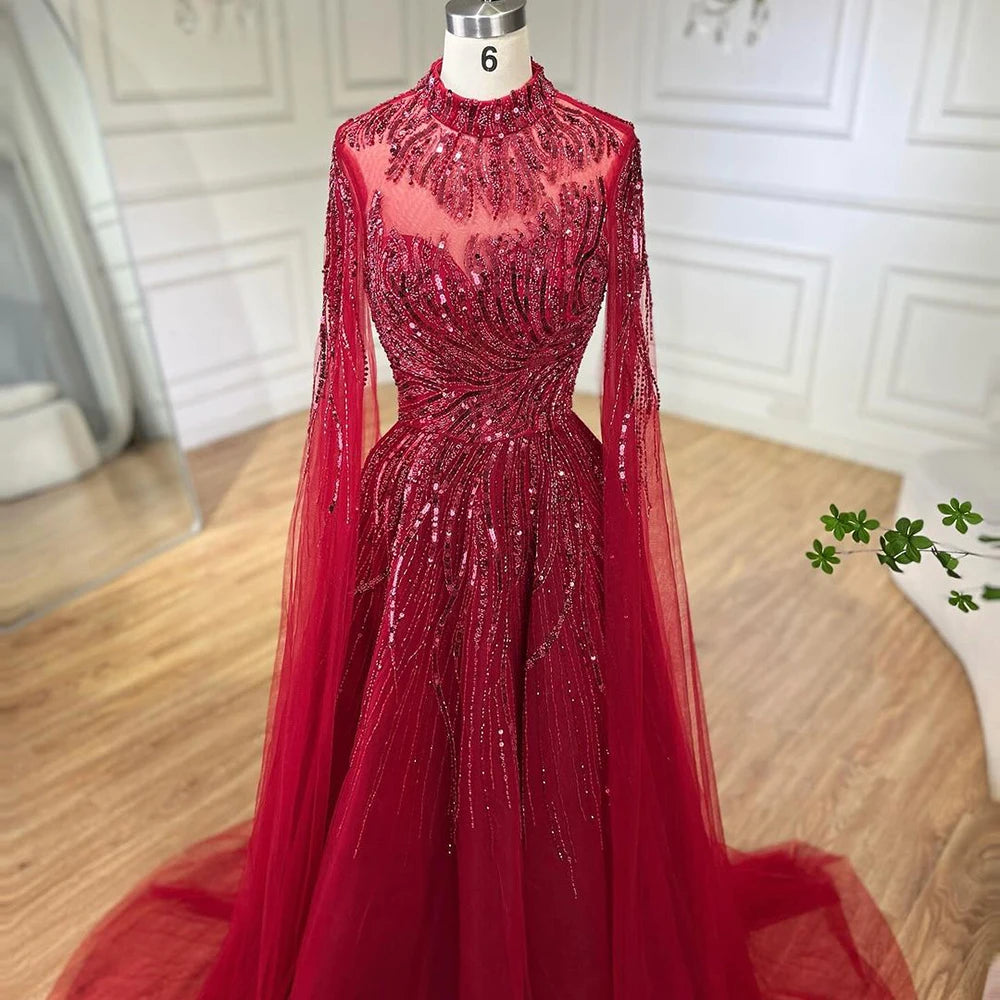 Serene Hill Caramel Luxury Evening Dresses with Cape Sleeves A-Line Beaded Lace Gown For Women's Wedding Party 2024 LA72386
