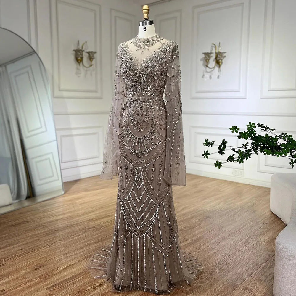 Serene Hill Dubai Gray Elegant Mermaid Beaded Lace Arabic Luxury Evening Dresses Gowns 2024 for Women Wedding Party LA72517