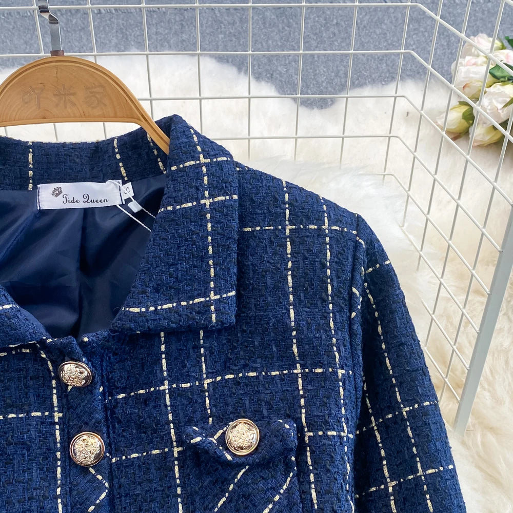 Women Checkered tweed Blazer 2-Piece Set Elegant Small Fragrance Wind Outfit Cropped Jacket+Mini Dresses Suit for Spring Autumn