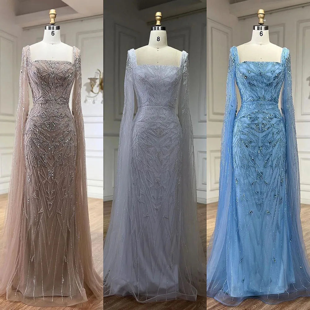 SERENE HILL 2024 Arabic Nude Cape Sleeves Mermaid Dubai Evening Dresses Beaded Luxury Wedding Party Gowns For Women GLA72261