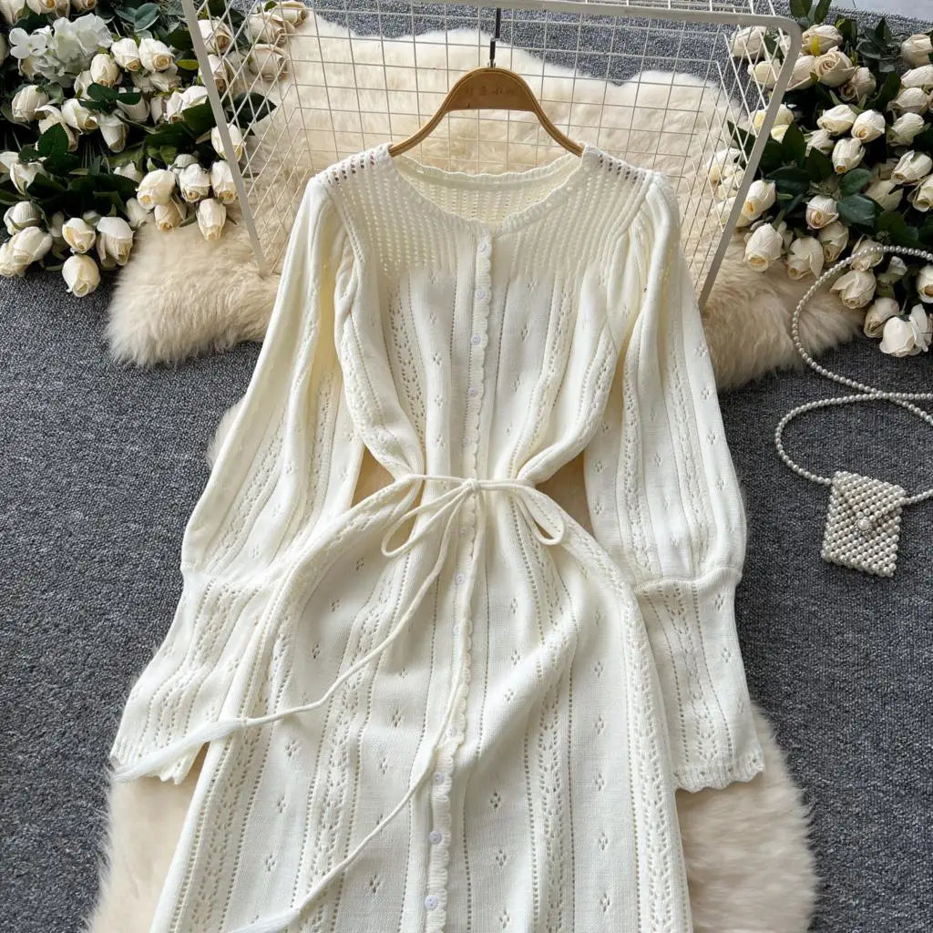 Elegant Autumn Solid Knitted Dresses for Women Sweet Hook Flower Hollow Strap A-line Korean Fashion Casual Vestidos Mujer New