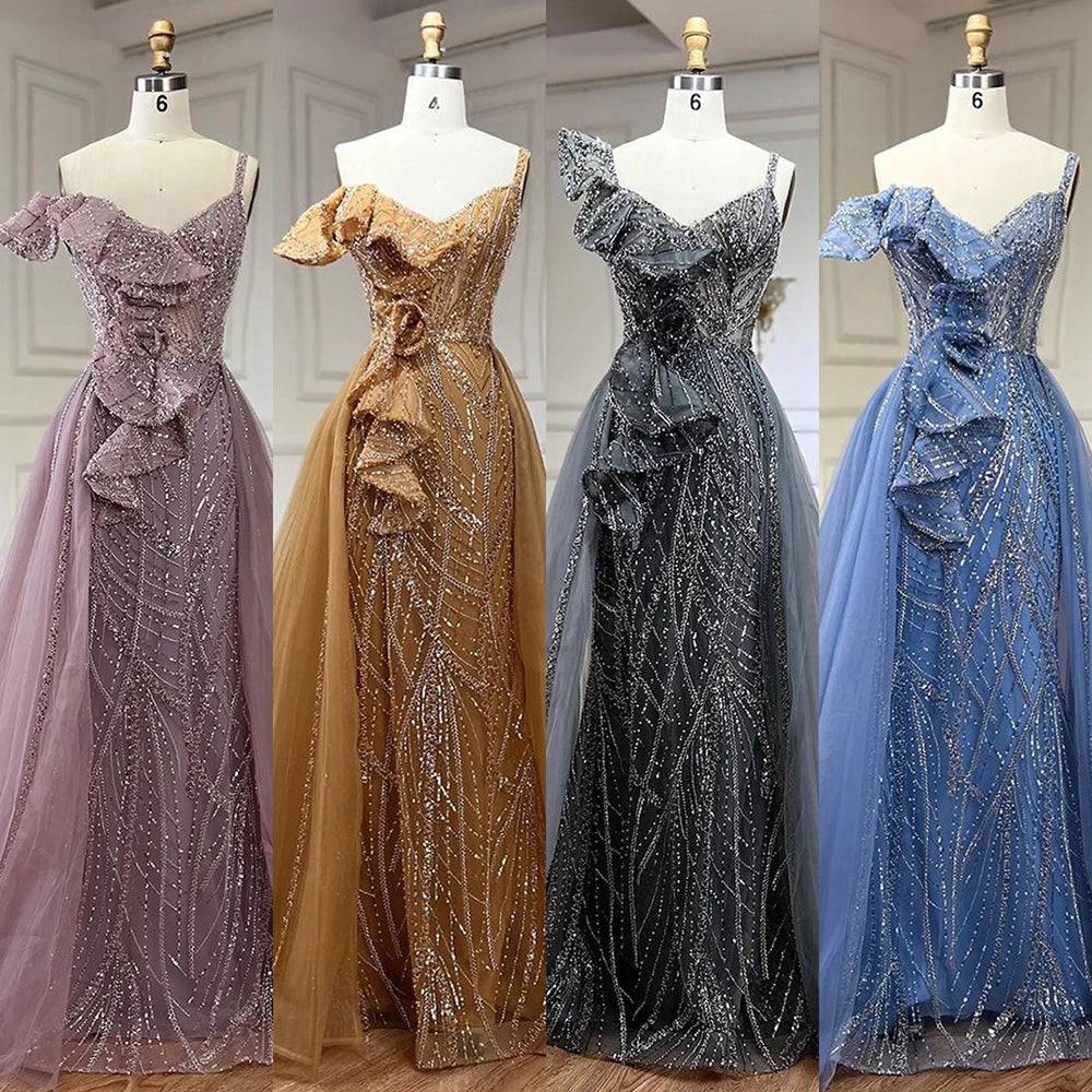 Serene Hill Golden Mermaid Evening Dress With Skirt - Women's Luxury Grey Beaded Spaghetti Strap Party 2024, LA72341