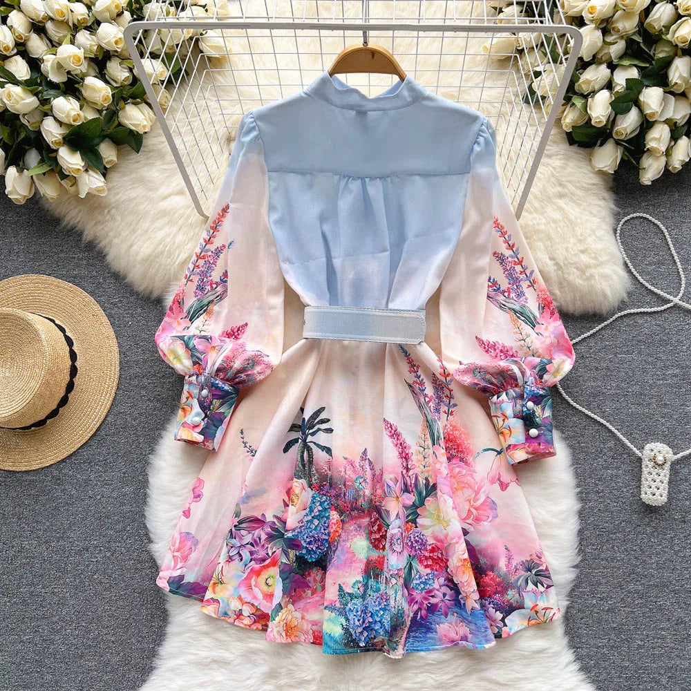 Chic Print Ruffle Elegant Puff Sleeve Dress A-line Casual Belt Beach Vacation Mini Dress Women Fashion Summer Spring Vestidos