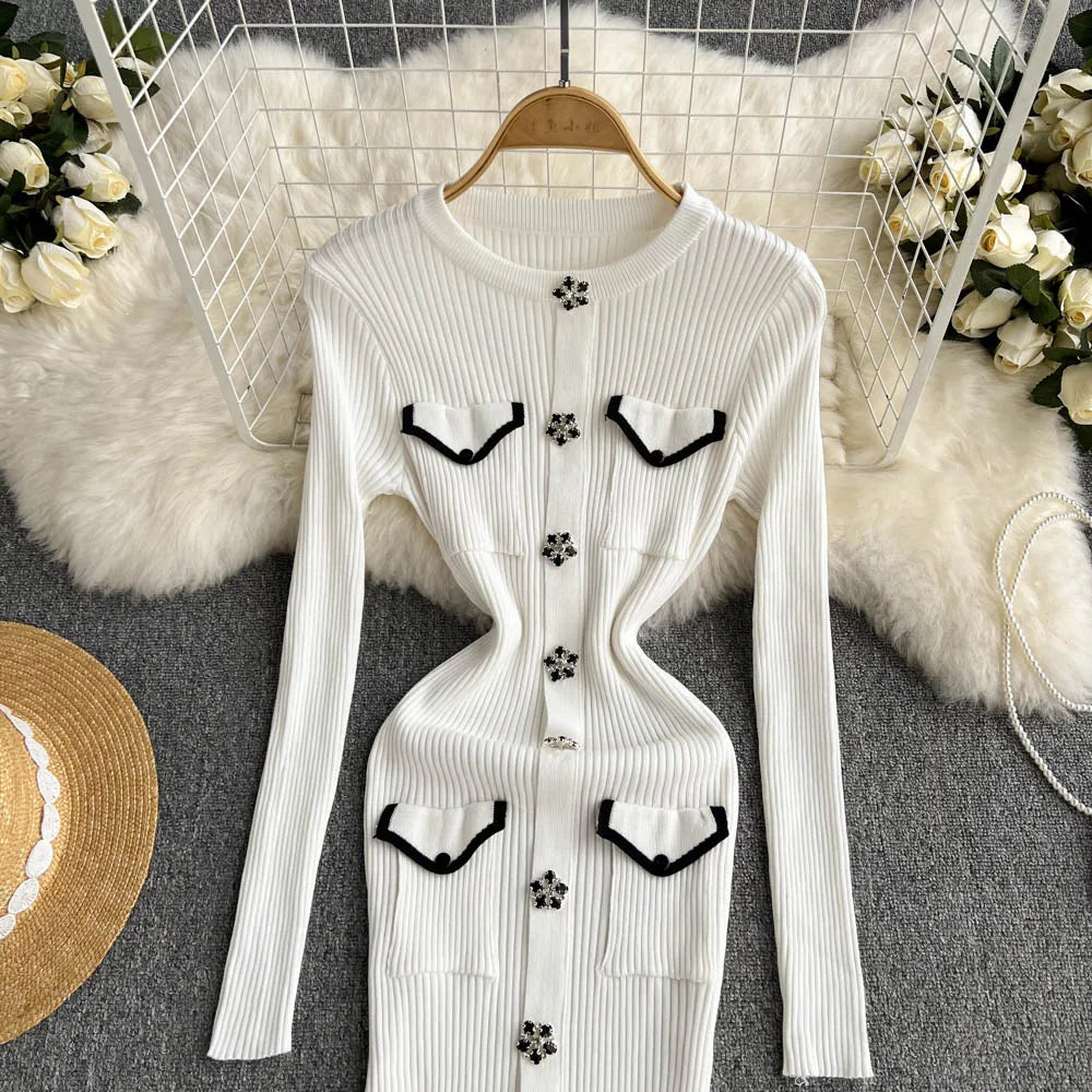 Women Elegant Chic Long Sleeve Sexy Slim Bodycon Dress Vintage Korean Fashion Knit Tight Vestido Autumn Winter Sweater Robe