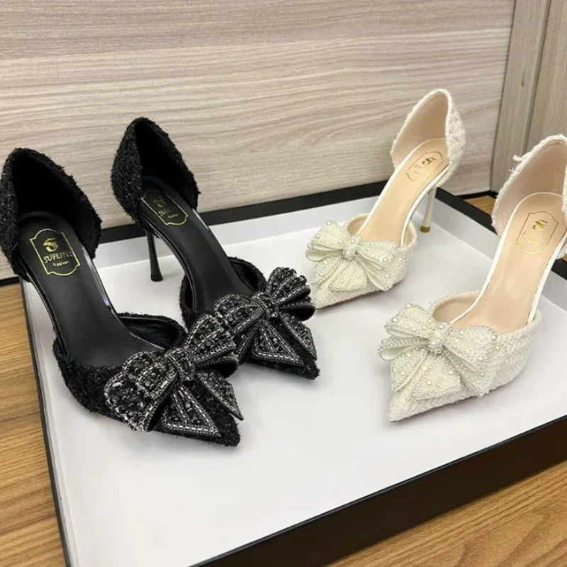 Luxury Pearl Crystal Bowtie White Wedding Shoes Women 2024 Spring Brand Designer High Heels Pumps Woman Thin Heeled Party Shoes
