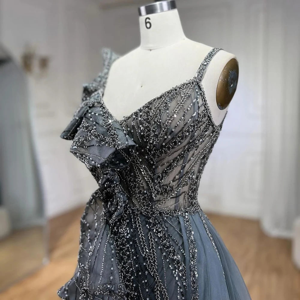 Serene Hill Golden Mermaid Evening Dress With Skirt - Women's Luxury Grey Beaded Spaghetti Strap Party 2024, LA72341