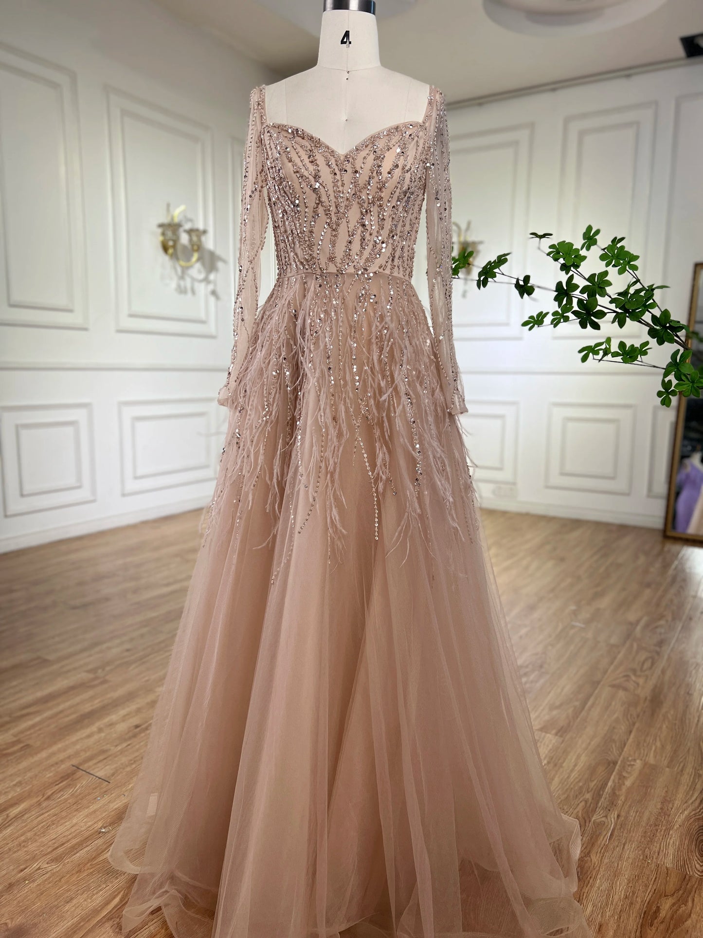 Serene Hill Arabic Red Elegant A Line For Women Long Sleeves Evening Dress Luxury Beaded Handmade Feathers 2024 LA71468
