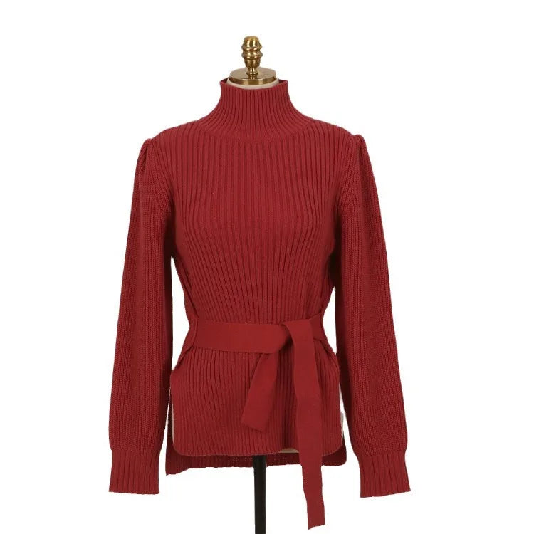 Elegant Half High Collar Strap Waist Tight Fit Design Fashionable Long Sleeve Sweater Women's Autumn/Winter New Warm Sweaters