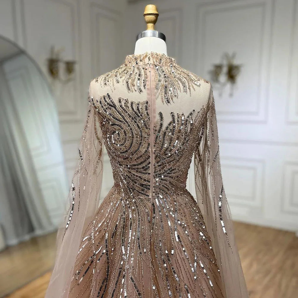 Serene Hill Caramel Luxury Evening Dresses with Cape Sleeves A-Line Beaded Lace Gown For Women's Wedding Party 2024 LA72386