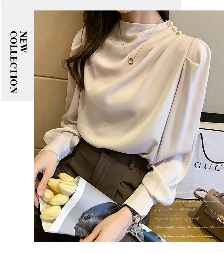 Autumn New Women's Style Stand up Collar Pleated Long Sleeve Top Fashion Lantern Sleeve Loose Elegant Solid Color Shirt Blouse