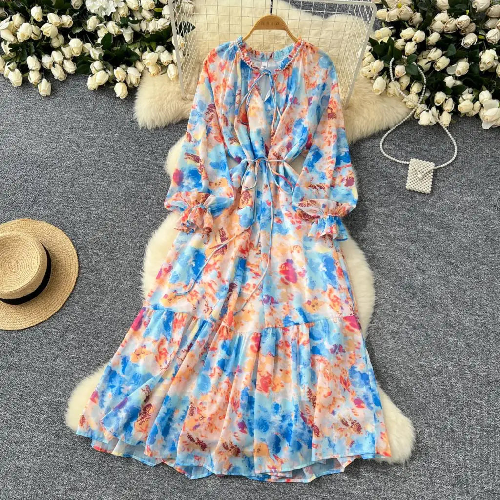 Elegant Floral Print Party Dress for Women French O-Neck Embroidered Flares Lace Up Lantern Long Sleeves Chiffon Long Dresses
