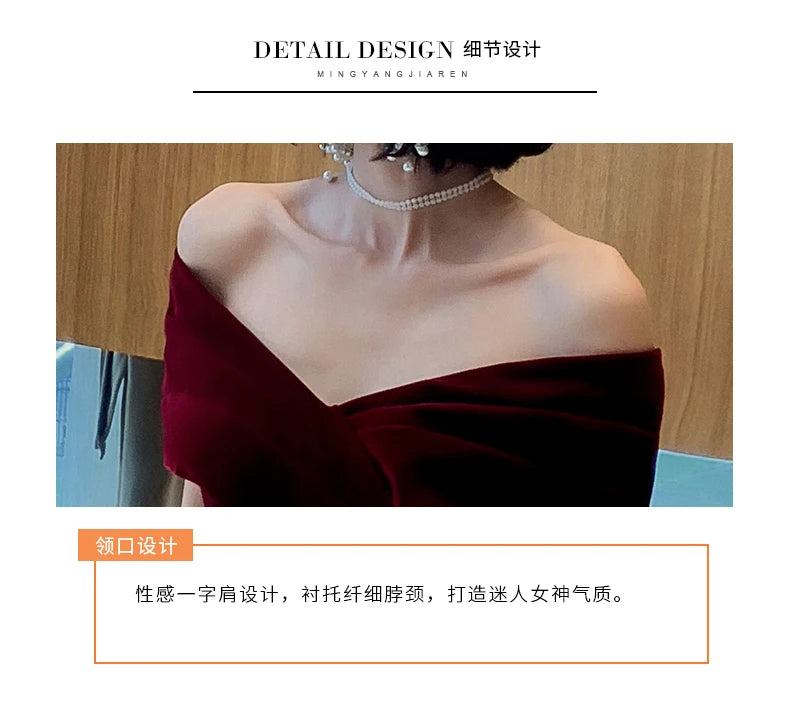 Lautaro Spring Long Luxury Elegant Wine Red Soft Velvet Evening Party Wedding Dresses for Women 2022 Off Shoulder Maxi Dress