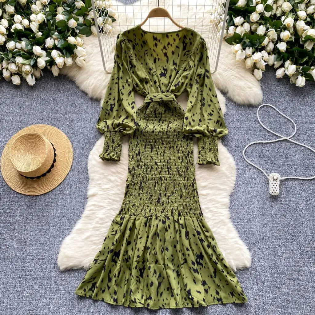 Women Casual Vintage Print Ruffle Long Dress Autumn Elegant V Neck Lantern Sleeve Party Mermaid Dresses Holiday Female Mujer New