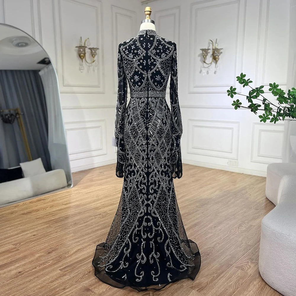 Serene Hill Muslim Grey Mermaid Elegant Nude Cape Sleeve Beaded Luxury Dubai Long Evening Dress 2024 Women's Party LA72316