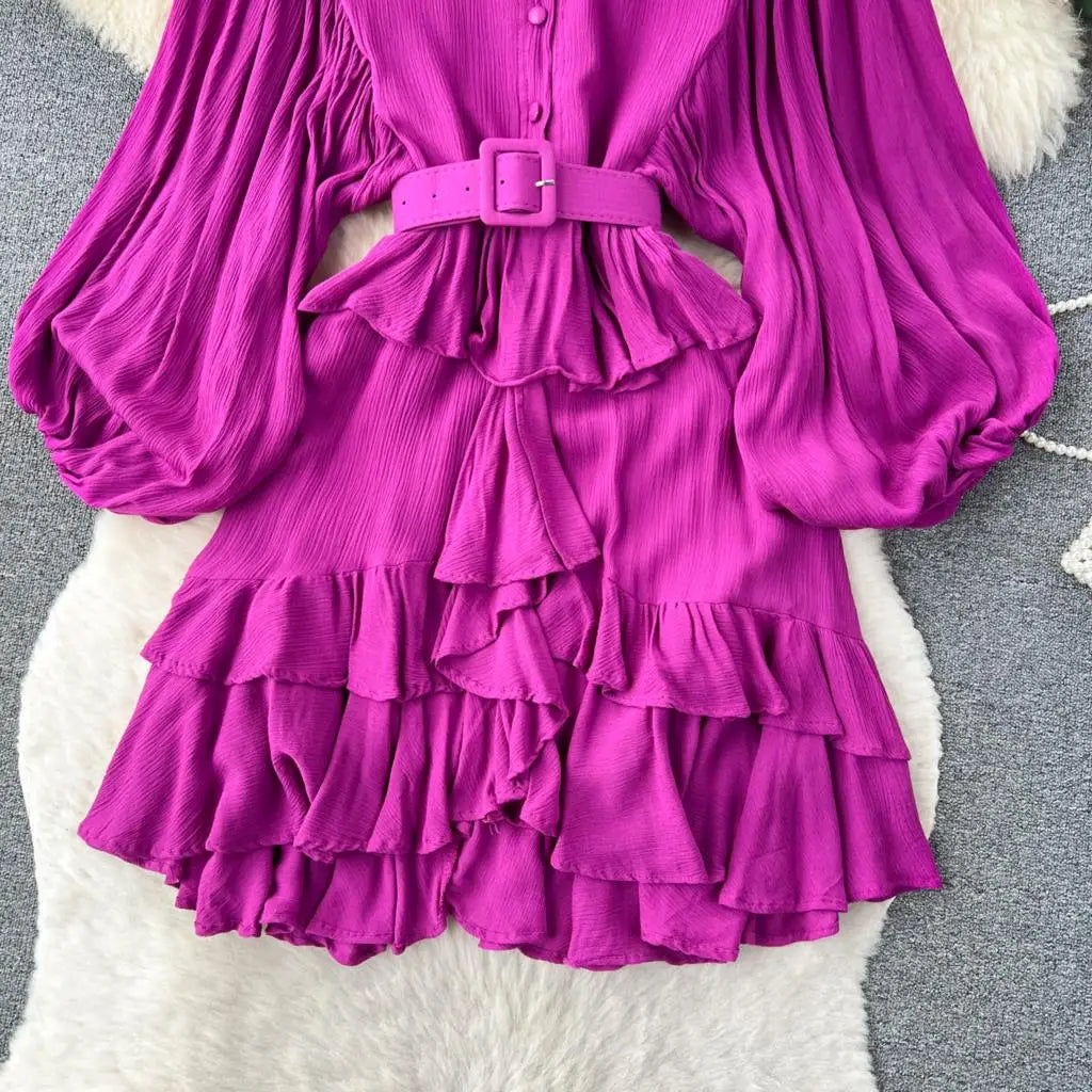 Vintage Puff Sleeve Ruffle Dress Women O-Neck A-Line Elegant Casual Party Prom Dresses Korean Autumn Fashion Female Vestidos New