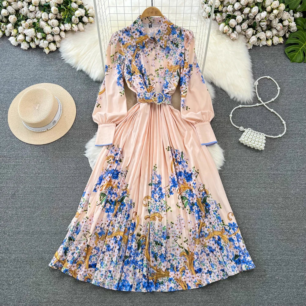 Vintage Print Elegant Lantern Long Sleeve Lapel A-line Dress Casual Women Fashion Autumn Spring Dress