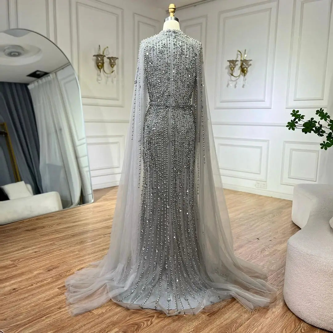 SERENE HILL 2024 Arabic Nude Mermaid Cape Long Sleeves Luxury Beaded Evening Dresses Formal Gowns Women Wedding Party GLA72372