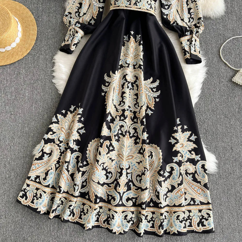 Retro Printed Party Dress Women Polo Collar Long Sleeve Elegant Long Dresses Spring Autumn French Single Breasted Shirt Dress
