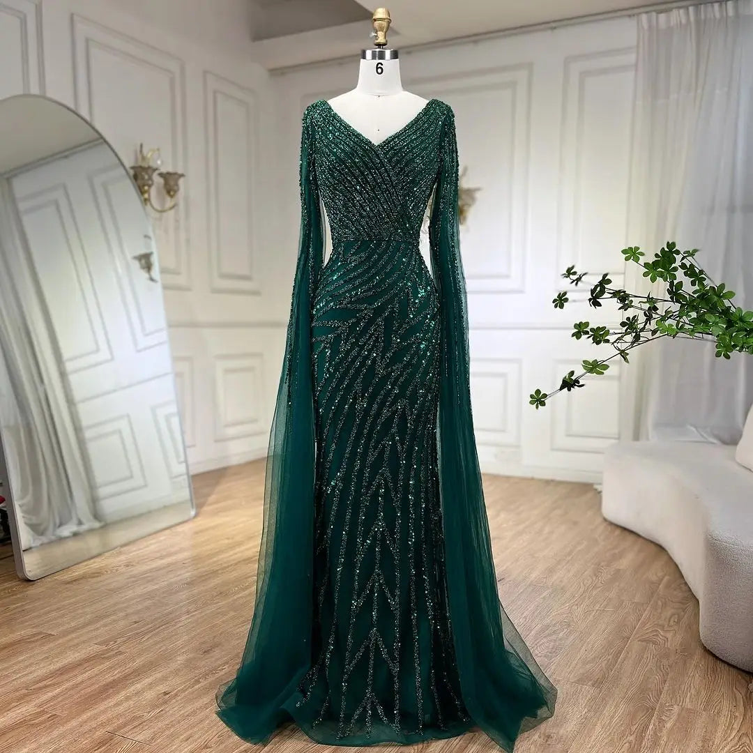 SERENE HILL 2024 Arabic Dubai Caramel Mermaid Luxury Beaded Evening Dresses Cape Sleeves Gowns For Women Wedding Party GLA71493A