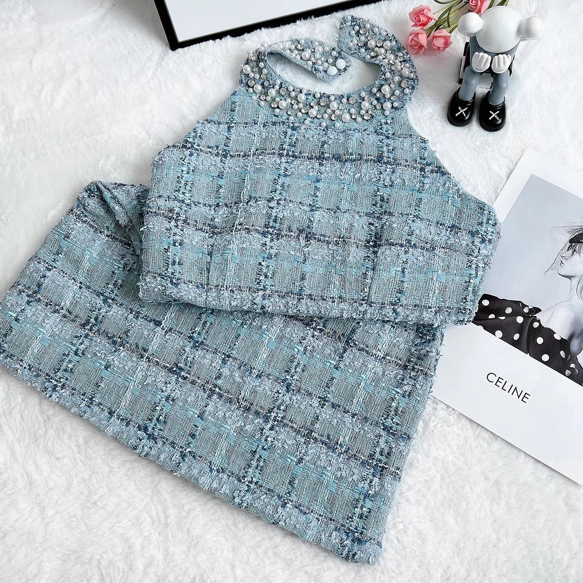 Trendy Small Fragrance Tweed Mini Dress Pearl Decoration Halter Sleeveless Dress Elegant Slim Fit Waist Dresses 2024 Summer New