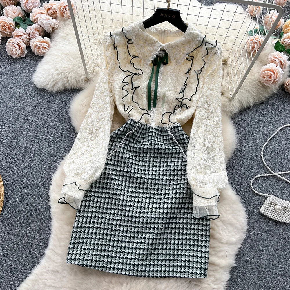 Winter Clothes Women Dresses Long Sleeve Lace Patchwork Textured Tweed Dress Ruffled Trim Lapel Collar Bow Elegant Mini Dress