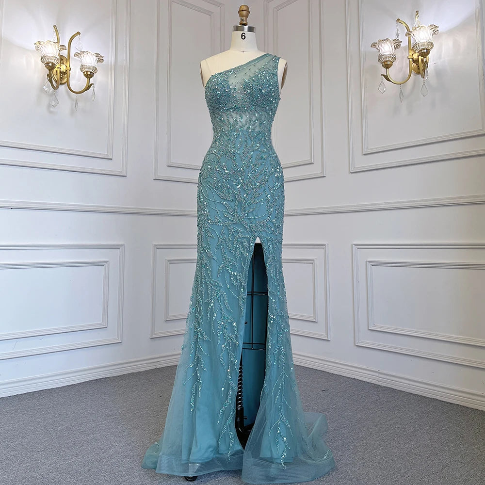 Serene Hill Turquoise Mermaid Elegant With Skirt High Split Evening Dresses Gowns Luxury Beaded Crystal 2024 Women LA71582A