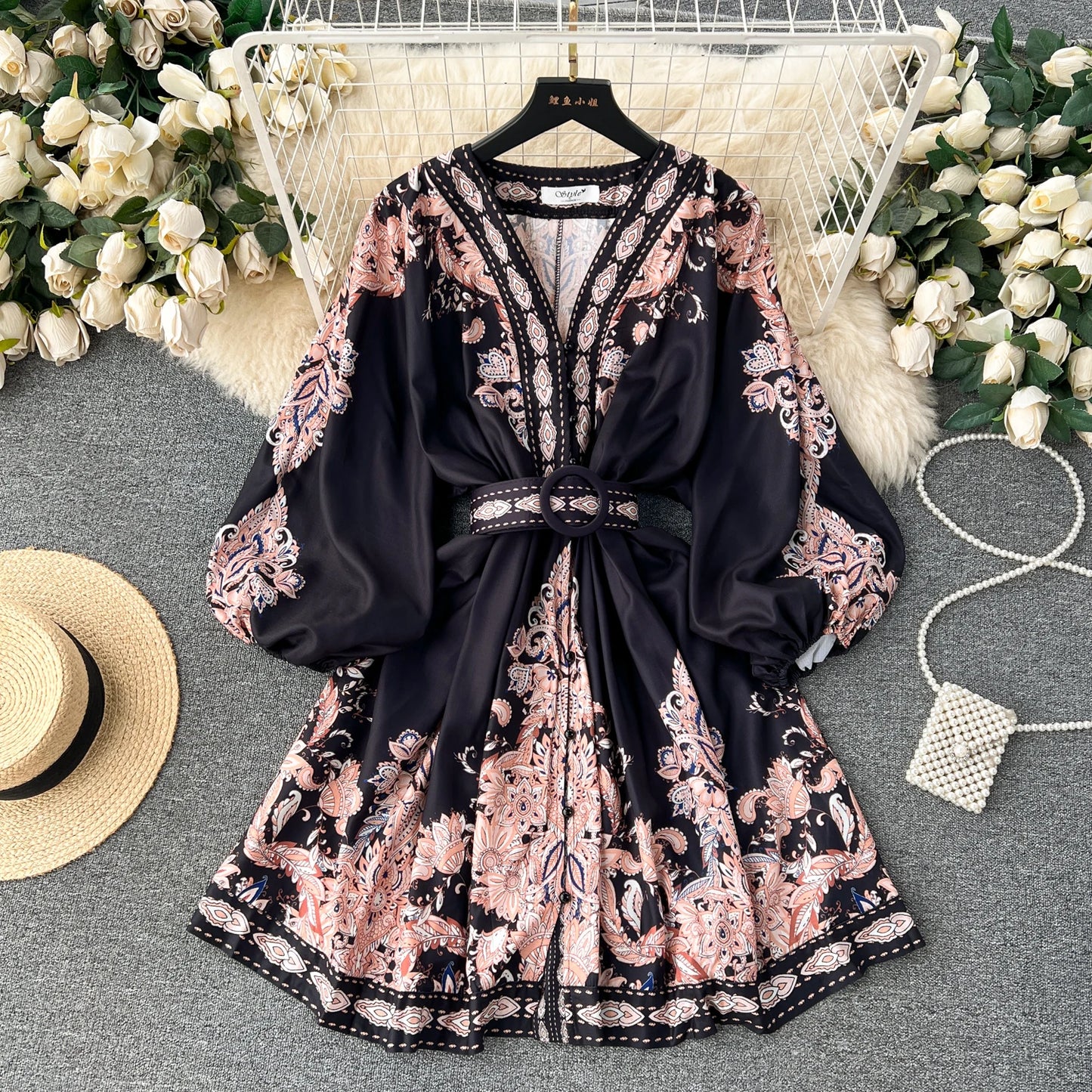 Vintage Print Elegant V-eck Single Breasted Lantern Long Sleeve Dress A-line Casual Women Fashion Summer Spring Vestidos
